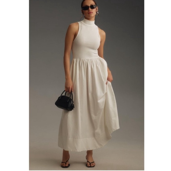 Reformation Dresses & Skirts - REFORMATION Sai Mixed Media Mock Neck Organic Cotton Dress Ivory Size XS NWOT